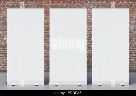 Three blank roll up banner stands with clipping path around banner poster. 3d rendering Stock Photo