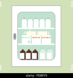 White cabinet for medicines intended for first aid with the door closed, with glasses, boxes and bottles green wall on background - vector Stock Vector