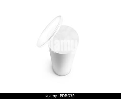 Blank white carton cylinder box mockup, top view, depth of field effect, 3d rendering. Cylindrical tube container with opened plastic lid mock up. Chips and crisp cardboard packaging cap template. Stock Photo