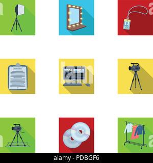 A movie camera, a floodlight, a chromakey and other equipment for the cinema.Making movie set collection icons in flat style vector symbol stock illus Stock Vector
