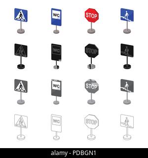 Index on the road, prohibiting, warning, indicating and other types of signs. Road sign set collection icons in cartoon black monochrome outline style Stock Vector