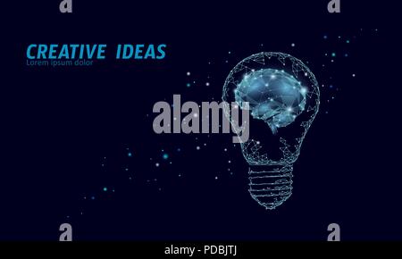 Creative idea light bulb night star sky. Low poly polygonal business brainstorm startup dark blue space modern geometric 3d lamp. Invention brain shape inspiration banner vector illustration Stock Vector