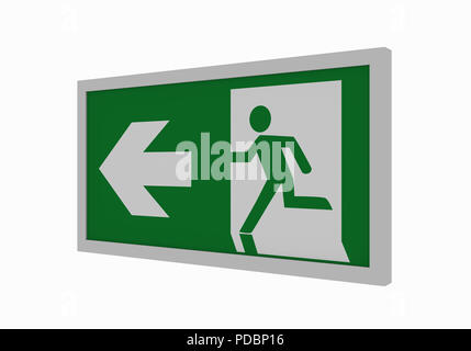 current escape signs according to ASR A1.3: emergency exit left. Side view, 3d rendering Stock Photo