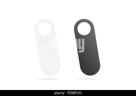 Blank black and white doorhanger mockup for door knob, isolated, 3d rendering. Empty white doorcard mock up for entry handle. Leaflet design on entrance doorknob. Dont disturb sign, silence signal. Stock Photo