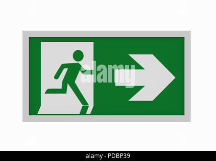 current escape signs according to ASR A1.3: Escape route right. Front view, 3d rendering Stock Photo