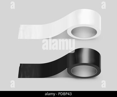 Blank white and black duct adhesive tape mockup, clipping path, 3d illustration. Sticky scotch roll design mock up. Clear glue tape template. Packing insulating tape display. Stock Photo