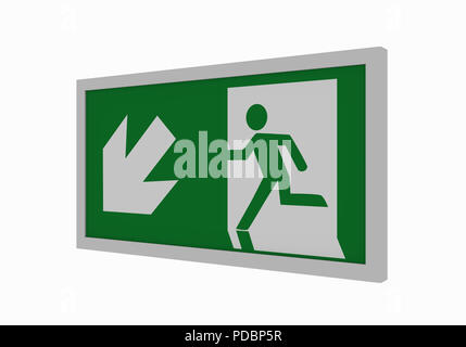 current escape signs according to ASR A1.3: escape route left downwards. Side view, 3d rendering Stock Photo