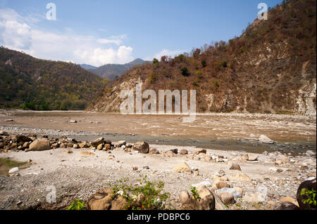 Confluence of Sarda and Ladhya rivers near Chuka village, location made famous by Jim Corbett in his book Maneaters of Kumaon, Uttarakhand, India Stock Photo