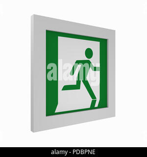 current escape signs according to ASR A1.3: emergency exit on the right. Side view, 3d rendering Stock Photo