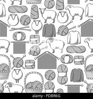 Seamless pattern with wool items. Goods for hand made, knitting or tailor shop Stock Vector