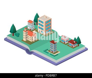 building and trees isometric scene on book Stock Vector