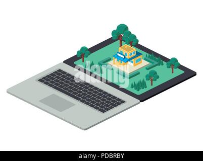 building and trees isometric scene on laptop Stock Vector
