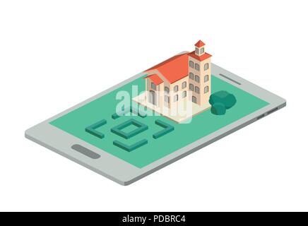 building and trees isometric scene on smartphone Stock Vector
