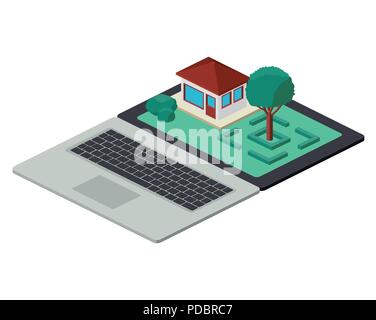 building and trees isometric scene on laptop Stock Vector