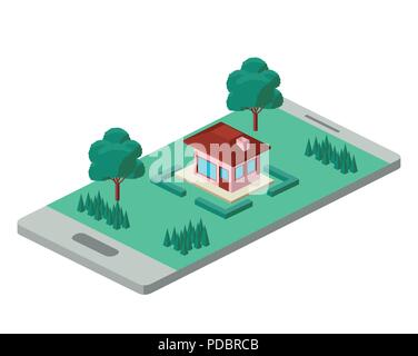 building and trees isometric scene on smartphone Stock Vector