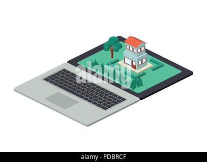building and trees isometric scene on laptop Stock Vector