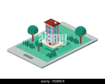 building and trees isometric scene on smartphone Stock Vector