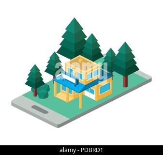 building and trees isometric scene on smartphone Stock Vector