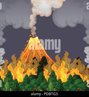 Erupting volanco and fire scene illustration Stock Vector