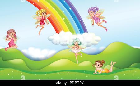 Fairies with rainbow scene illustration Stock Vector