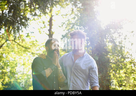 Affectionate male gay couple in sunny park Stock Photo