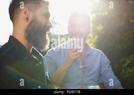 Male gay couple drinking wine and talking Stock Photo