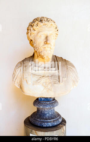 Head of Marcus Aurelius on an extraneous bust from the house of the Vestal Virgins in the Roman Forum 175-180 AD - National Roman Museum - The Baths of Diocletian - Rome, Italy Stock Photo