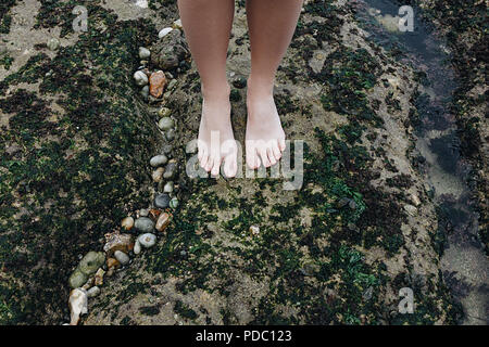 low section view of barefoot girl standing on rock with moss, Etretat, Normandy, France Stock Photo