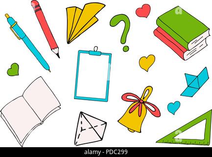 Back to school. A colored inscription on white with school supplies and books. Illustration for Knowledge Day in September Stock Photo