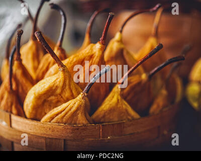 close-up shot of delicious dried pears in basket Stock Photo