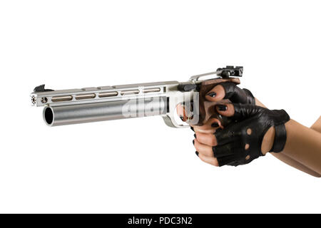 Sport laser pistol, pentathlon weapons. gun in female gloved hands Stock Photo