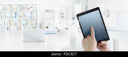 office business work concept, hand touch screen of digital tablet, web banner and copy space template Stock Photo