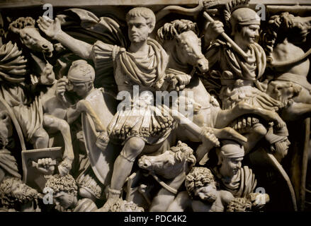 Great Ludovisi Sarcophagus. Roman. 250 AD. Detail of the relief depicting the battle between Romans and Goths. The central figure has been identified with Hostilian, son of emperor Decius. Proconnesian marble. Altemps Palace. Rome, Italy. Stock Photo