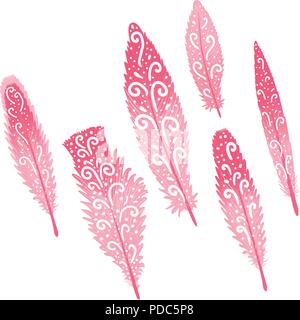 Flamingo feather pink hand drawn swirls. Vector illustration isolated on white. Stock Vector