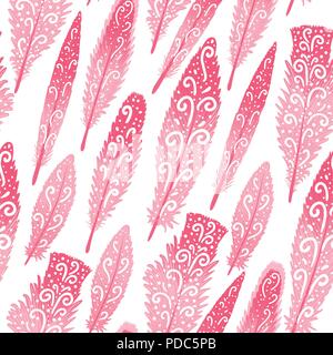 Flamingo feather pink hand drawn swirls. Seamless pattern. Vector illustration isolated on white. Stock Vector