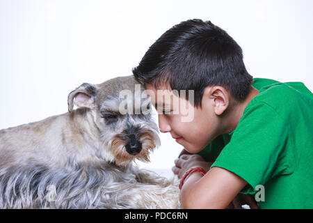 A boy and a Miniature Schnauzer share some bonding time together in this studio photo. Stock Photo