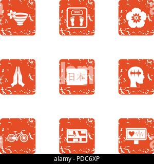 Asian training icons set, grunge style Stock Vector