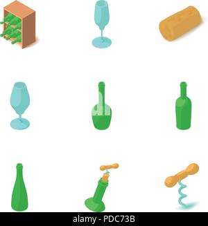 Bottle of alcohol icons set, isometric style Stock Vector