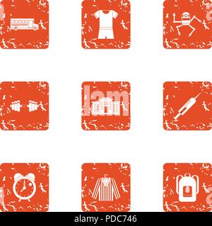 Morning shift icons set, grunge style Stock Vector
