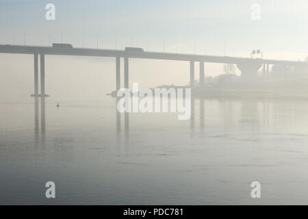 Beautiful Douro river and one of his bridges, Ponte do Freixo, in the morning mist, north of Portugal Stock Photo