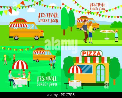 Pizza festival food banner concept set, flat style Stock Vector
