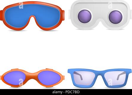 Goggles ski glass mask icons set, realistic style Stock Vector
