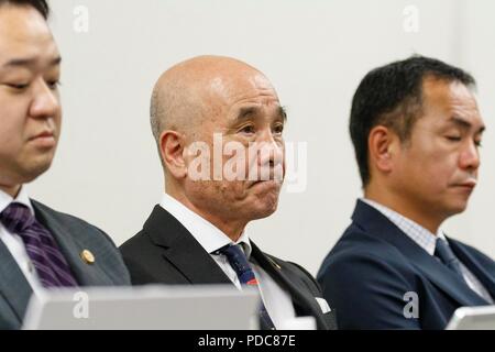 Former Japan Amateur Boxing Federation (JABF) board member Yoshio Tsuruki attends a news conference on August 8, 2018, Tokyo, Japan. Tsuruki, retired boxer Fumitaka Nitami, and Hiroyoshi Kikuchi, vice president of Miyazaki Prefecture Boxing Federation, attended a news conference after the JABF president Akira Yamane announced his resignation in spite of denying allegations of misconduct, including match fixing and the misuse of grant money. Credit: Rodrigo Reyes Marin/AFLO/Alamy Live News Stock Photo