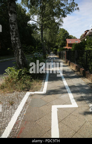 Berlin, Germany. 08th Aug, 2018. A cycle path follows a zigzags course through the district of Zehlendorf. The lines run according to the trees at the side of the road. Credit: Nico Tapia/dpa/Alamy Live News Stock Photo