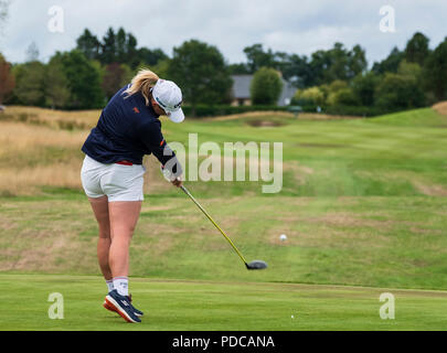 Gleneagles, Scotland, UK; 8 August, 2018.  European Championships 2018. Day one of golf competition at Gleneagles..Men's and Women's Team Championships Round Robin Group Stage - 1st Round. Four Ball Match Play format. Match 13 Great Britain 2 v Sweden 1 Ladies. Catriona Matthew and Holly Clyburn won 3 and 2. Holly Clyburn ees off on the 14th hole Credit: Iain Masterton/Alamy Live News Stock Photo