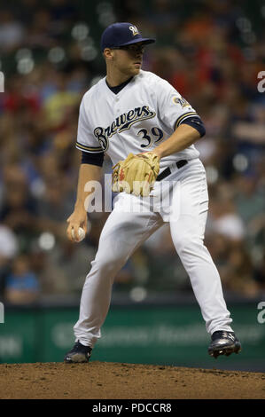 August 7, 2018: Milwaukee Brewers starting pitcher Corbin Burnes #39 delivers a pitch during the Major League Baseball game between the Milwaukee Brewers and the San Diego Padres at Miller Park in Milwaukee, WI. John Fisher/CSM Credit: Cal Sport Media/Alamy Live News Stock Photo