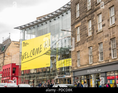 Edinburgh International Festival, Edinburgh, Scotland, UK. 8th August 2018. The Festival Theatre, Nicholson Street, glass facade covered in a large yellow Edinburgh International Festival Welcome banner. It is one of the main venues for theatre, dance and music during the EIF each Summer Stock Photo
