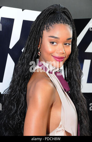 BEVERLY HILLS, CA - AUGUST 8: Actress Laura Harrier attends the Los Angeles Premiere of Focus Features' 'BlacKkKlansman' on August 8, 2018 at The Academy's Samuel Goldwyn Theater in Beverly Hills, California. Photo by Barry King/Alamy Live News Stock Photo