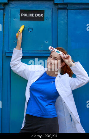 Edinburgh, Scotland. UK. 9th August 2018. Photocall The time travelling Doctor and the Police Box Rosy Carrick as part of Edinburgh Fringe Festival. Pictured: Rosy Carrick. Pako Mera/Alamy Live News. Stock Photo