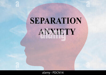 Render illustration of SEPARATION ANXIETY title on head silhouette, with cloudy sky as a background. Stock Photo